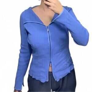 Ribbed women’s cardigan double zip up blue sweater retro y2k 90s